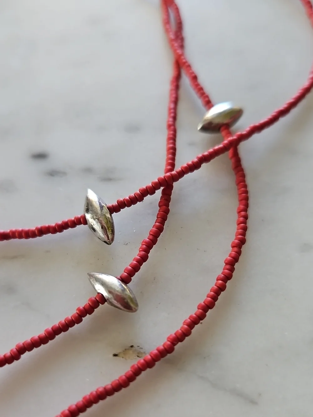Cabo San Lucas Red Coral and Silver 3 Strand Beaded Necklace/Bracelet or Anklet